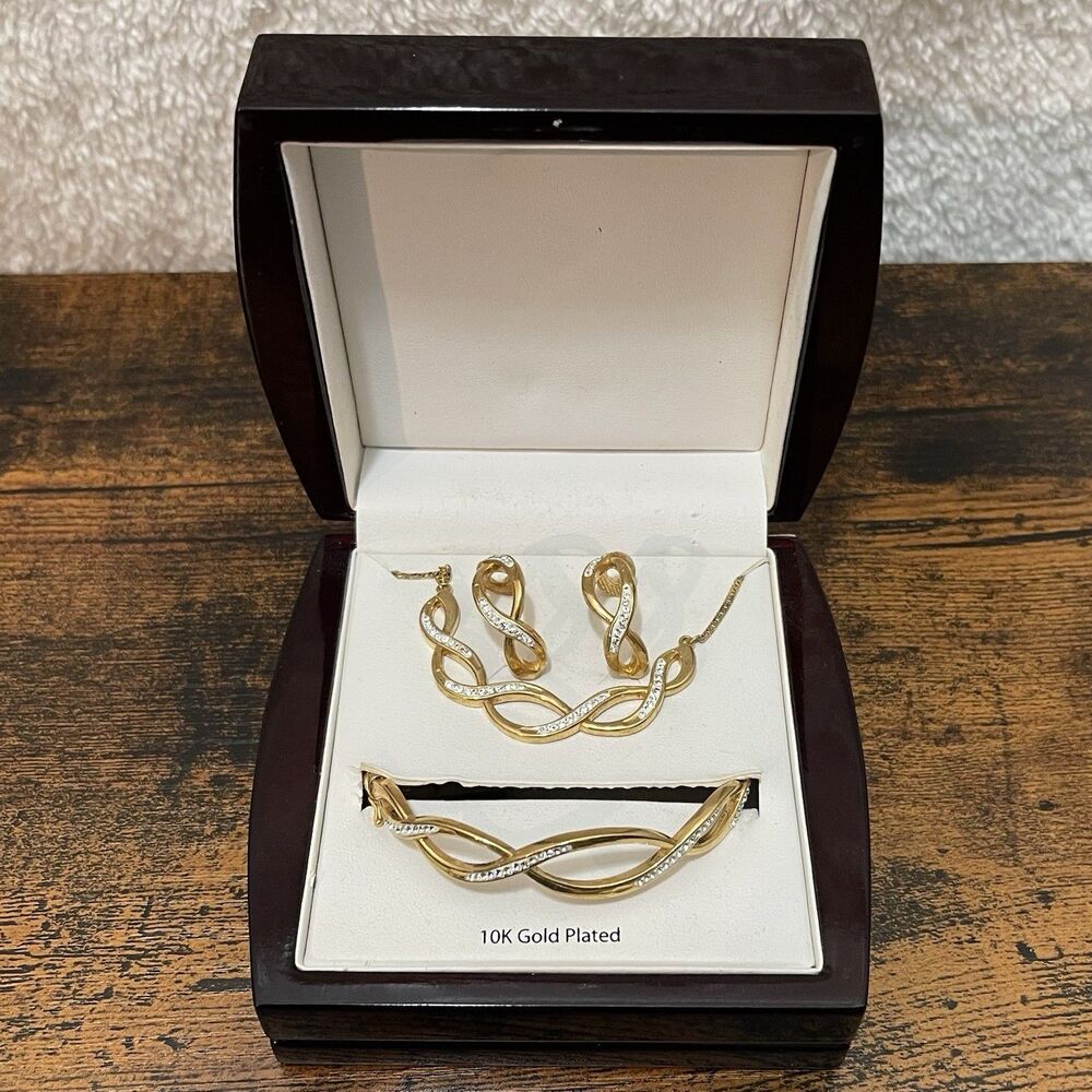 10K GP Gold Plated Jewelery Set Necklace Earrings Bangle Crystal Set Box Y2K NEW - Picture 2 of 16